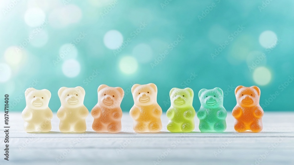 Aufkleber Vibrant and colorful gummy bears arranged on a bold turquoise background with a subtle bokeh effect showcasing the tempting and playful look of these chewy sugary treats