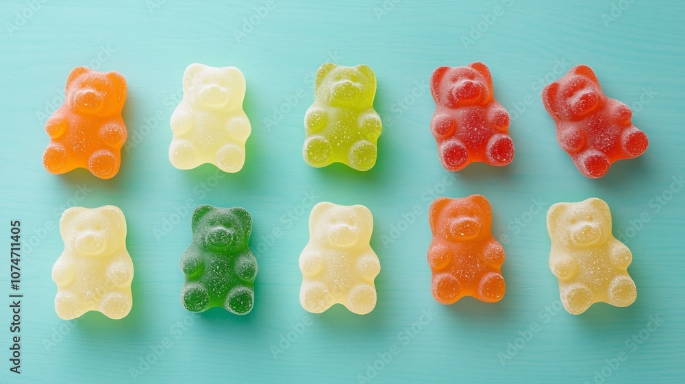 Poster vibrant and colorful gummy bears arranged on a bold turquoise background with subtle bokeh showcasin
