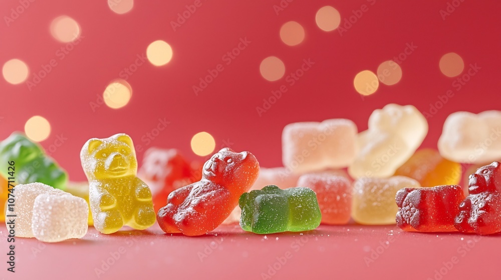 Poster assortment of colorful juicy looking gummy bears against a vibrant red background with sparkling bok