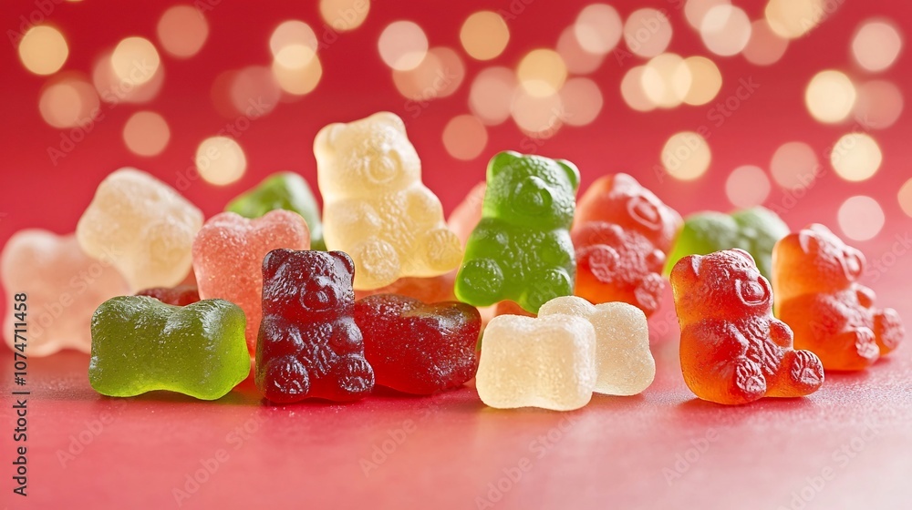 Fototapete Assorted colorful gummy bear candies on a vivid red background with sparkling bokeh lights emphasizing the juicy and vibrant appearance of the sweet treats