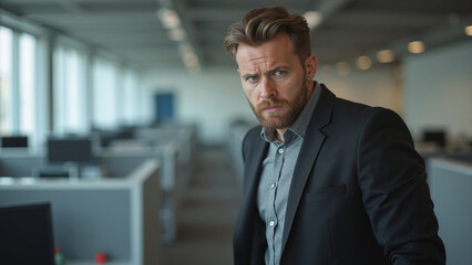 Fototapeta premium Businessman with serious expression standing in modern office