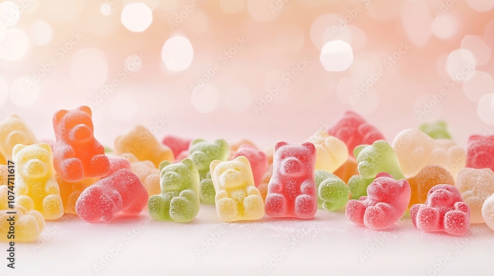 Aufkleber vibrant gummy bears candies arranged on a dreamy soft pastel gradient background with gentle bokeh l