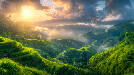 morning sun over the rice terraces in the far east