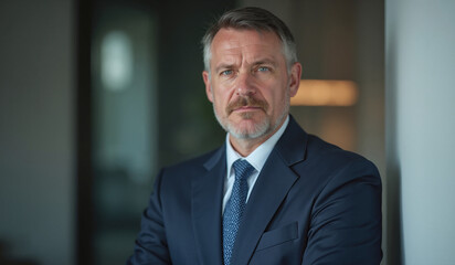 Mature businessman with serious expression looking professional against blurred office background
