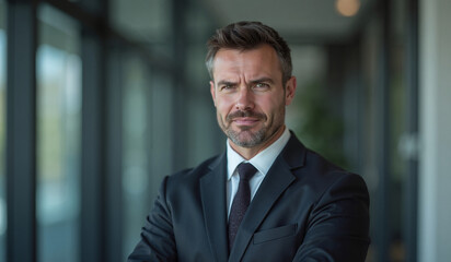 Fototapeta premium Confident businessman with serious expression standing in modern office hallway