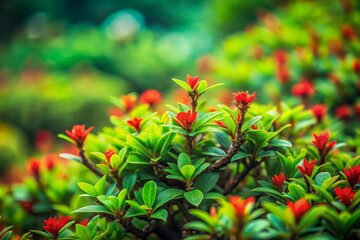 Vibrant Green Leaves with Striking Red Buds Captured in a Lush Setting, Showcasing Nature's Beauty and Intricate Details of Plant Life