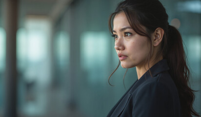 Obraz premium Confident Asian businesswoman with determined expression looking ahead in modern office