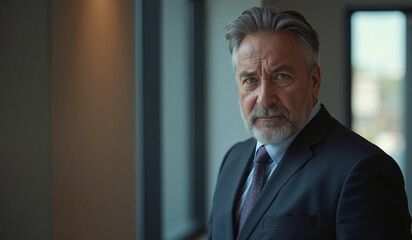 Mature businessman with serious expression contemplating against office window