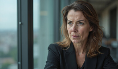 Fototapeta premium Businesswoman with Serious Expression Contemplating by Window in Office