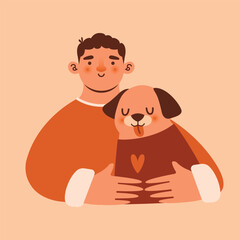Cute naive illustration with dog and young man owner, who hugging her puppy. Male cartoon cheerful character and domestic dog in sweaters. Modern isolated clip art. Flat style.