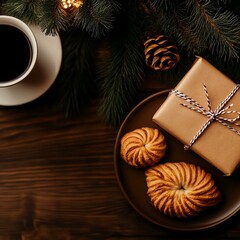 Obraz premium Cozy New Year breakfast with wrapped presents beside plates, soft morning light, warm pastries and hot drinks on the table, captured from a topdown view for inviting feel