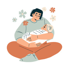 Young Woman Sit with Newborn Baby Embrace Her Child Vector Illustration