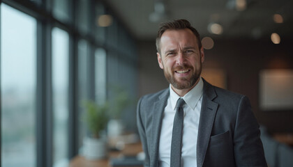 Fototapeta premium Businessman with confident smile working in modern office against window view
