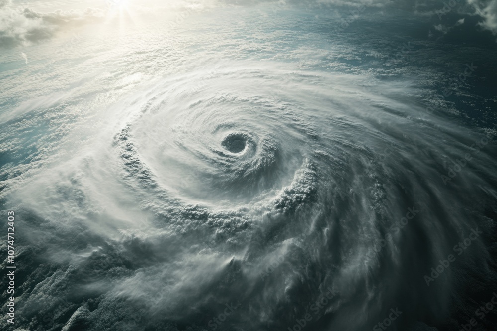 Poster A powerful hurricane develops over the open ocean, showcasing swirling clouds and intense winds as it strengthens. Generative AI