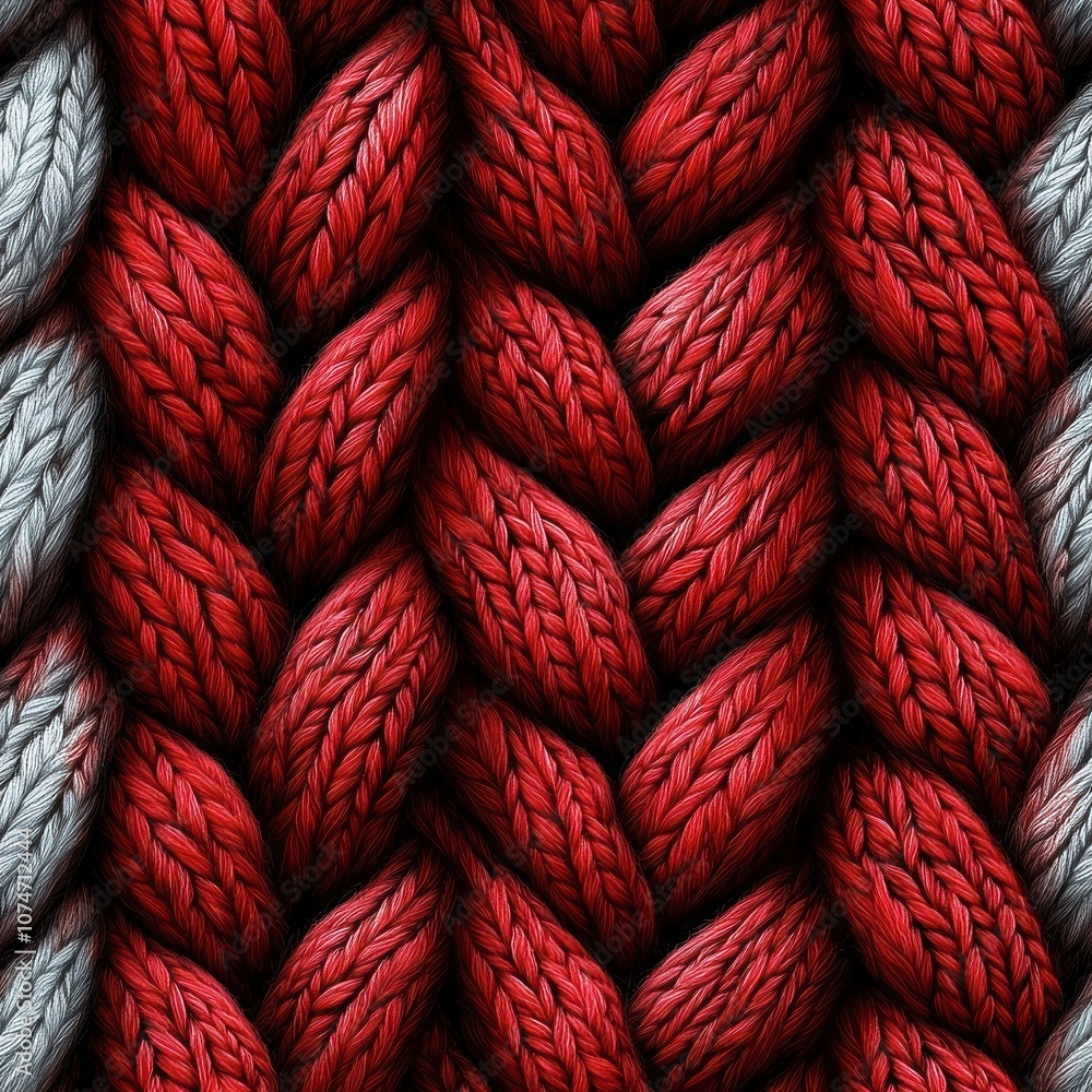 Poster the image features an intricate pattern of interwoven red and gray strands, showcasing a textured, b