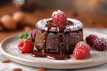 Chocolate Lava Cake with Raspberries and Powdered Sugar
