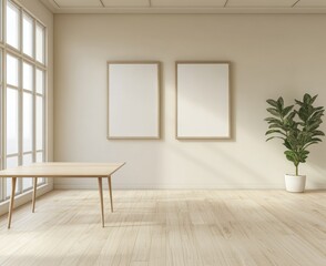 Fototapeta premium A room with a white wall and a table with a potted plant