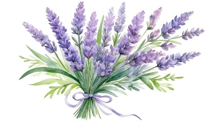 Fototapeta premium Watercolor illustration of a lavender bouquet with green foliage tied with a purple ribbon in a fresh and elegant composition