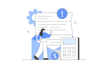 Receiving letter with overdue bill from collection agency. Account and calculator. Character having financial problems, debts and loans. Flat Cartoon Vector Illustration, icon. Stylish, Minimalist 