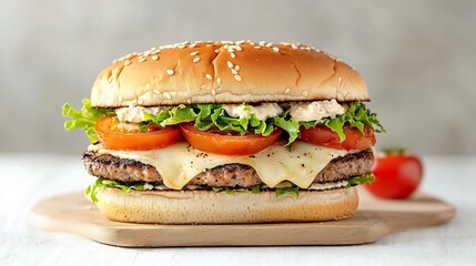 Delectable and Colorful Layered Burger with Melted Cheese Juicy Tomatoes and Crisp Lettuce Beautifully Presented on a Natural Wooden Board for a Tempting and Appetizing Culinary Delight