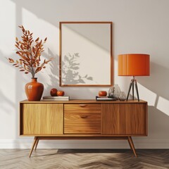 A wooden table with a vase of flowers and a lamp on it