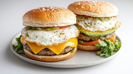 Delectable breakfast burger with egg cheese and avocado artfully arranged on a plate with a side garnish captured in soft