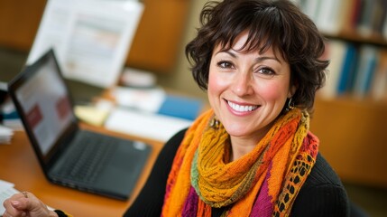 Cheerful Woman with Short Hair and Colorful Scarf Smiling at Desk with Laptop in a Bright Office Setting