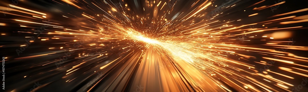 Poster a dynamic burst of light and energy, depicting a streaking effect with golden sparks against a dark 