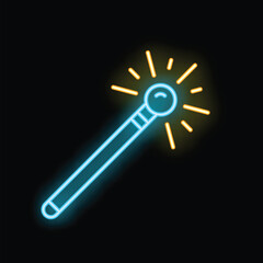Blue neon magic wand with yellow glowing tip shining on black background