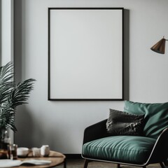 A black framed white picture hangs on a wall