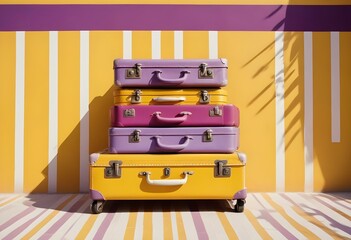 Three colorful suitcases on wheels against a bright yellow,white,purple background for train airporte treveling turkey treveling