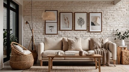 Cozy Scandinavian-Inspired Living Room with Neutral Tones and Natural Textures V1