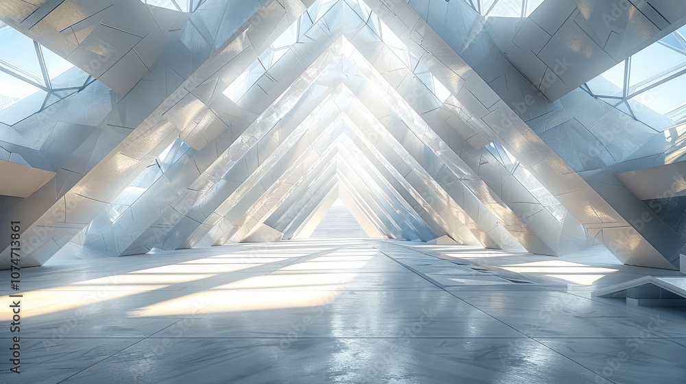 Aufkleber White concrete structure of a triangular space. Natural sunlight shines through the skylights and casts shadows inside the building, The interior features geometric shapes and symmetrical elements.