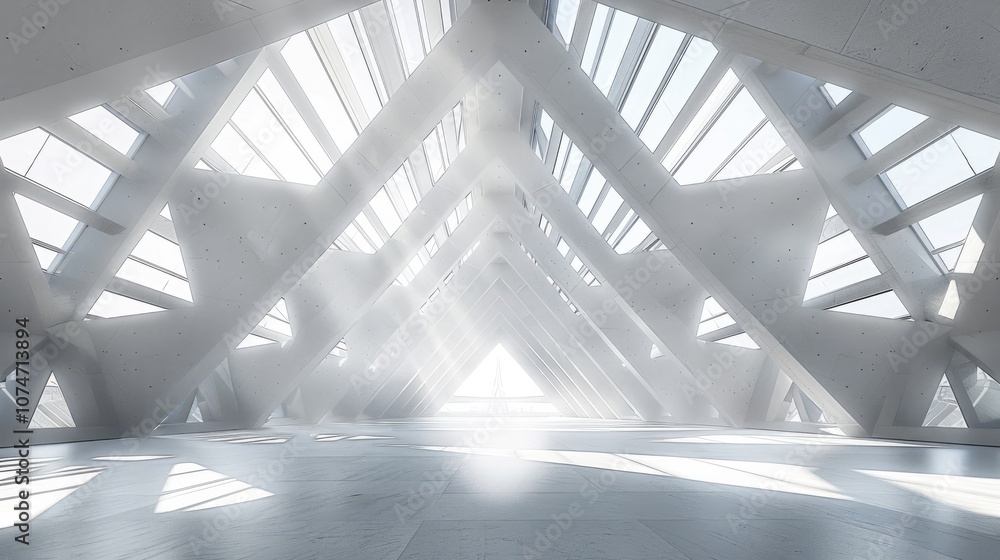 Aufkleber White concrete structure of a triangular space. Natural sunlight shines through the skylights and casts shadows inside the building, The interior features geometric shapes and symmetrical elements.