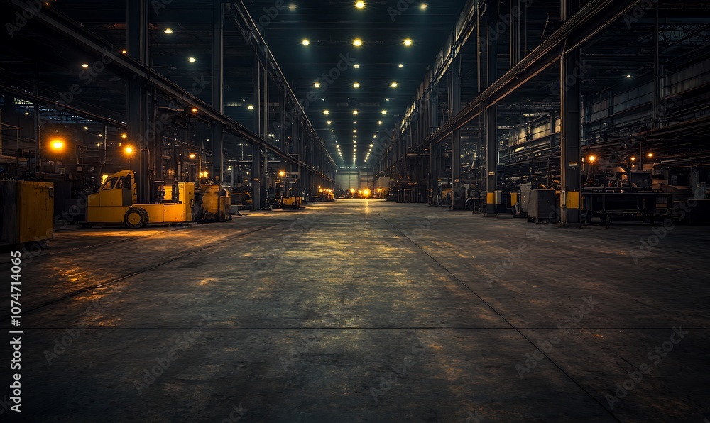 Poster A dimly lit industrial warehouse with long aisles, illuminated by overhead lights, featuring empty spaces and machinery along the sides.