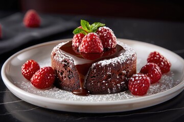 Chocolate Lava Cake with Raspberries and Powdered Sugar