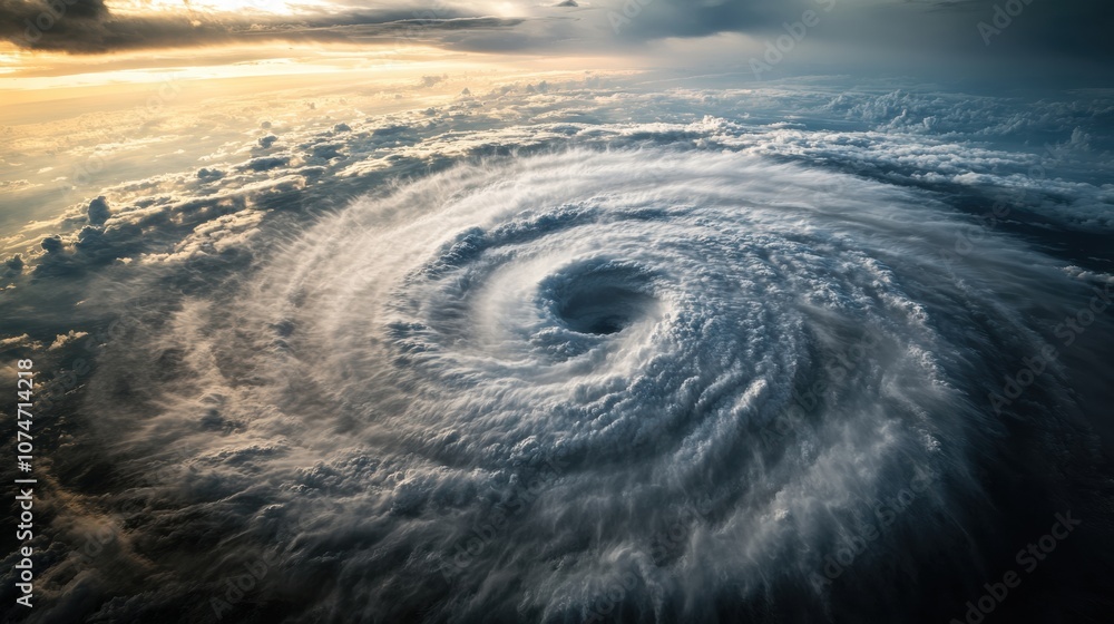 Poster A powerful hurricane develops in the open ocean, characterized by swirling clouds and a well-defined eye, indicating its strength and intensity. Generative AI