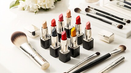 An elegant vanity setup featuring several lipsticks in different colors some open with tips exposed surrounded by makeup brushes capturing a luxurious beauty routine for a sophisticated feminine look