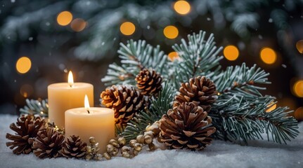 Christmas scene with a lit candle in a decorative holder