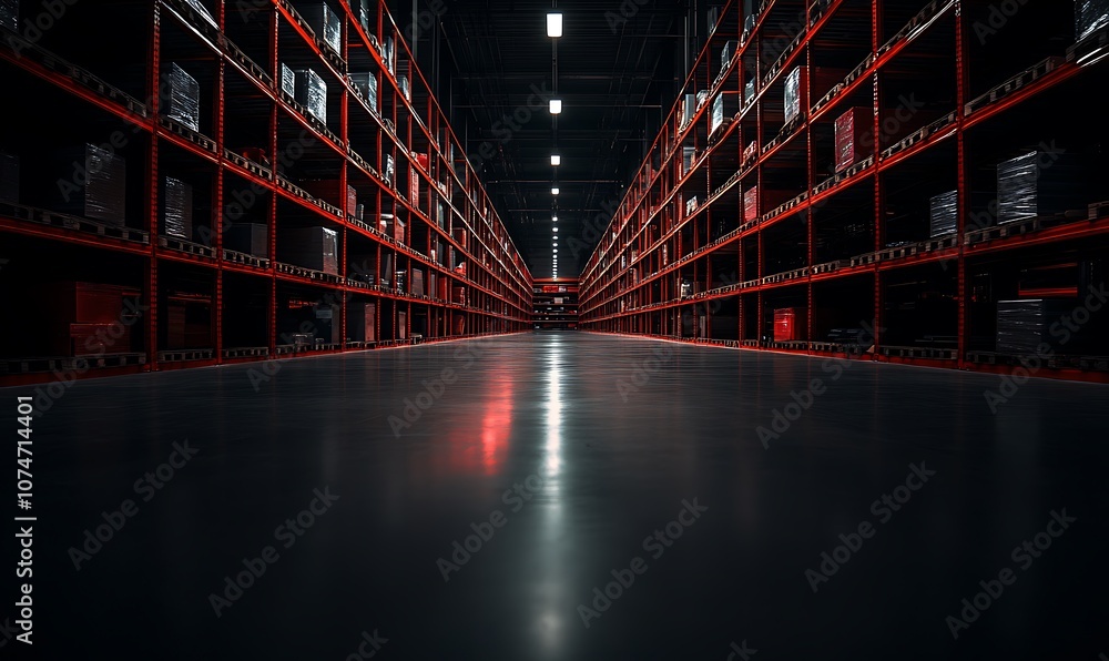Poster A dimly lit warehouse aisle lined with tall shelving units, creating a sense of depth and perspective with red highlights on the shelves.