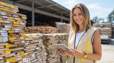 Female worker with a tablet in a warehouse filled with stacked wooden pallets, highlighting inventory management, organization, and the efficient use of technology in logistics and construction.