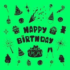 happy birthday card, poster, icons on green
