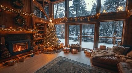 Fototapeta premium The cozy castle with second floor and interior spacious space with windows. On the second floor there is a bed room, The small pine tree is decorated with string lights with a star on top of the tree.