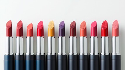 A sharp close up photograph featuring an assortment of lipsticks in bold vibrant colors such as red coral and plum  The image captures the detailed texture and stylish packaging of the lipstick tips