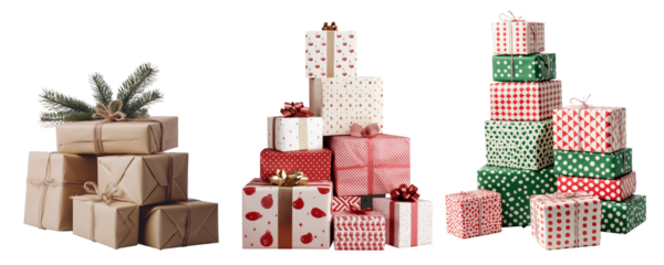 Set of isolated pile of big gift boxes with ribbon on a transparent background for Christmas party and New Year sales or celebration events. Brown, red and green color tones.