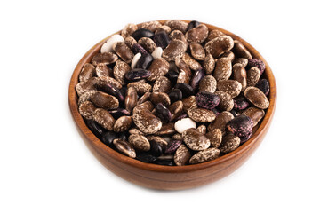 wooden bowl with Kidney beans isolated on white, side view, close up