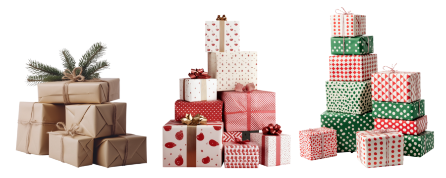 Set of isolated pile of big gift boxes with ribbon on a transparent background for Christmas party and New Year sales or celebration events. Brown, red and green color tones.