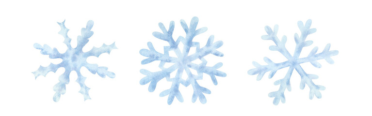 Set of blue snowflake on isolated background. Frozen crystal, symbol of winter. Hand drawn watercolor illustration. For design, cards, invitations, congratulations, packaging, printing, advertising.