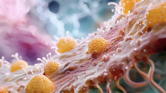 A magnified view of a hair follicle stem cell niche showing the close association between the stem cells and their supporting cells such as dermal papilla cells and adipocytes.