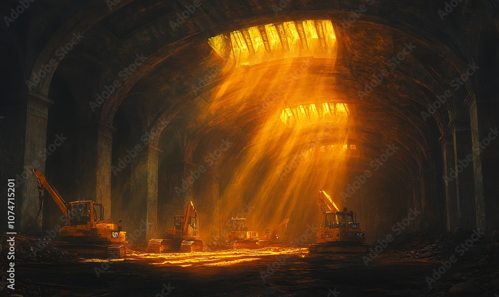 Aufkleber a dimly lit cavern illuminated by golden rays, casting an enchanting glow on the scattered treasures